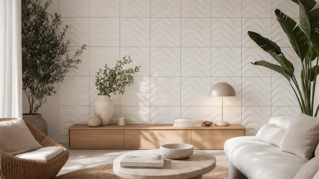 Relief wall panels above a sofa, made with Plakhäus