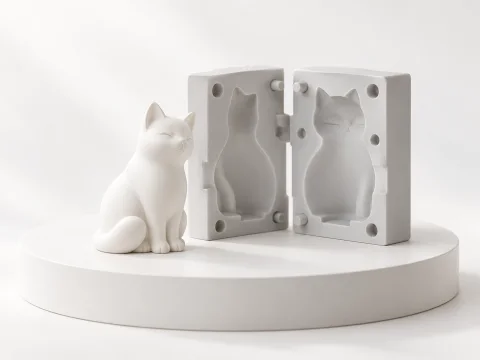 Cat figure with its Cavity mold on a white studio pedestal