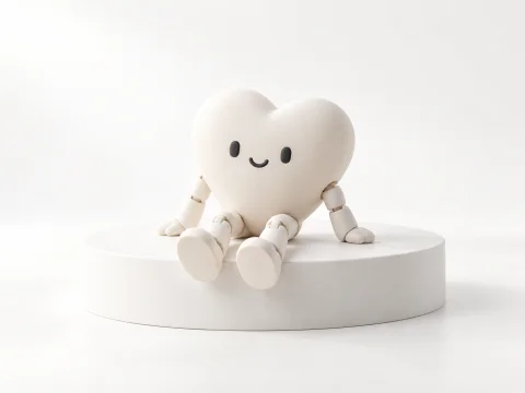 Articulated Hey Buddy character on a white studio pedestal