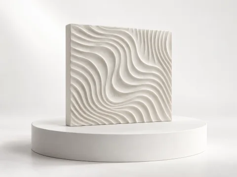 Sculptural Plakhaus relief panel on a white studio pedestal