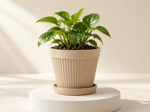 Ribbed Pothaus planter with its saucer on a white studio pedestal