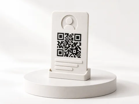 Custom Taghaus QR identity card on a white studio pedestal