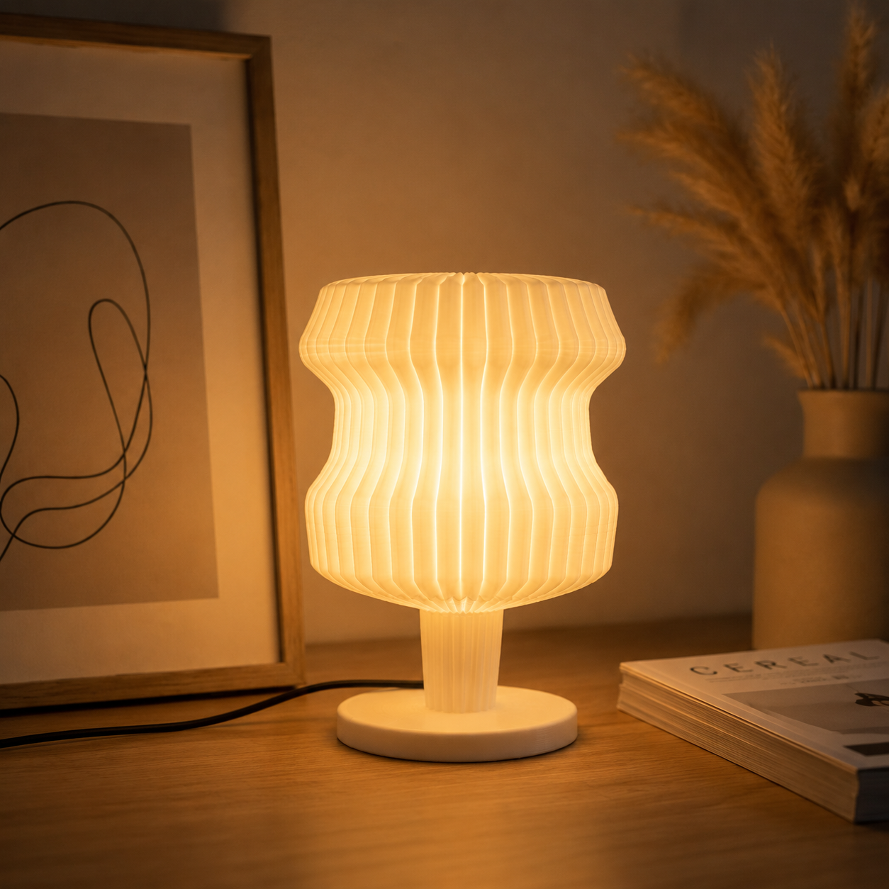 Lumhaus lamp casting warm patterned light at night
