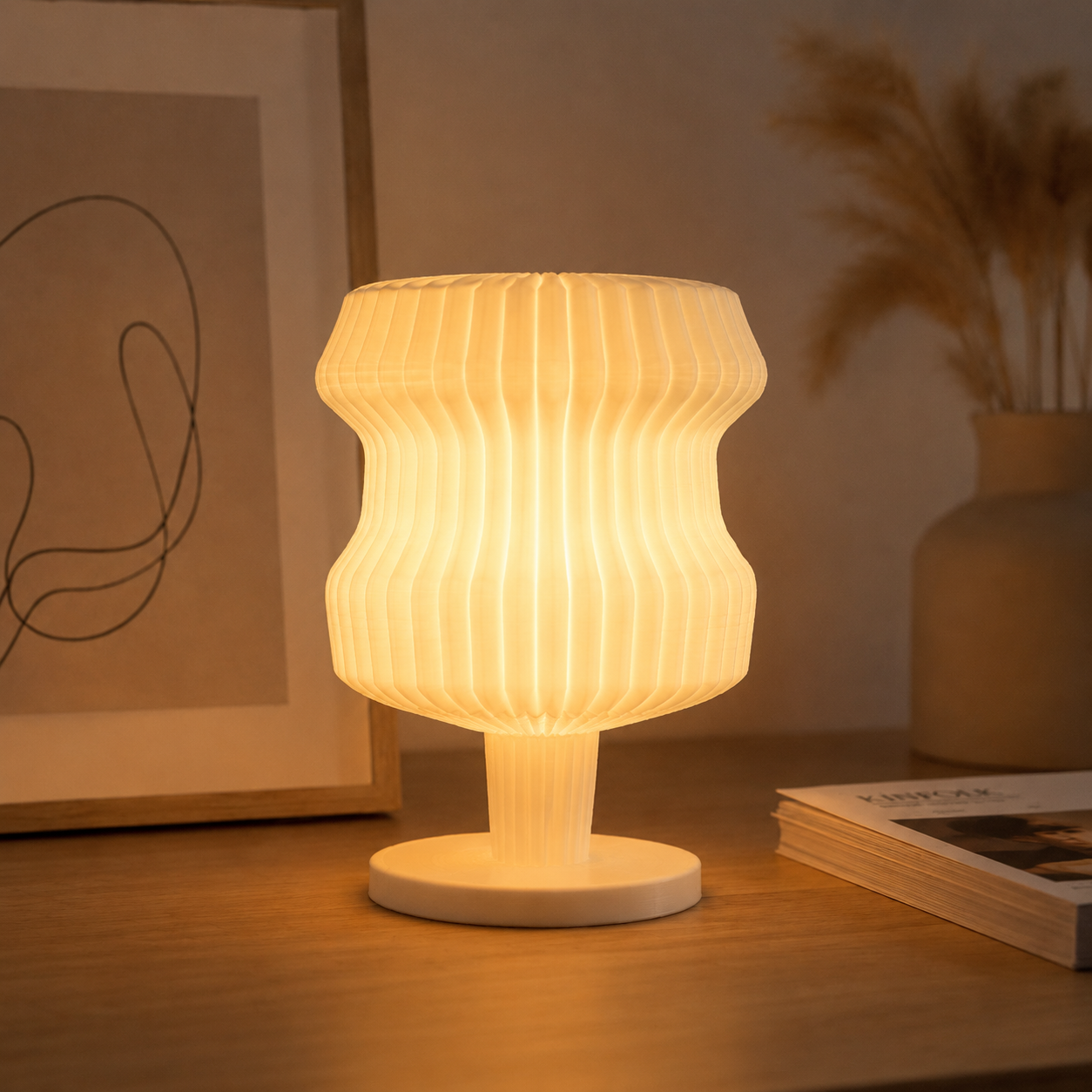 Lumhaus lamp glowing warmly at night